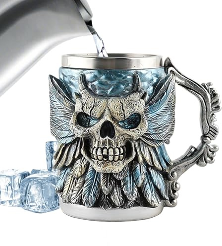 Boccale da birra design maschile – Caraffa in resina con inserto in acciaio inox teschio per birra e caffè – contenitore d'acqua da 500 ml per compleanno Natale amici casa viaggi quotidiani Rest