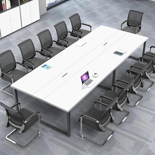Modernt konferensbord för 8, 12 personer, stort rektangulärt mötesbord med genomföring, robust svart metallram, snygg vit design, perfekt för affärsmöten
