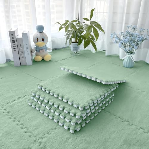 Plüsch Schaumstoffmatten 12 Stück 30x30cm in Mintgrün – Ineinandergreifende Teppichfliesen, Puzzle Spielmatten für Wohnzimmer Schlafzimmer Spielzimmer Bodenbelag