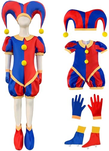 Kolegrial Niños Pomni Disfraz Cosplay Circo Pomni Clowns Jumpsuit y Gorro Guantes Calzado Set 4 Piezas para Carnaval Halloween Fiesta Cumpleaños Mascarada Teatro Performance Traje