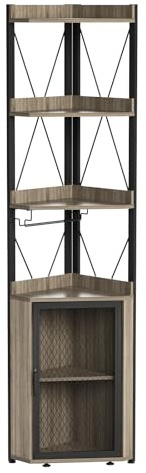 Corner Bar Cabinet with Glass Holder & Door Storage, 4-Tier Industrial Corner Wine Rack, Vintage Drinks Display Cabinet with Adjustable Shelf, Freestanding Wine Cabinet for Home Kitchen & Dining Room