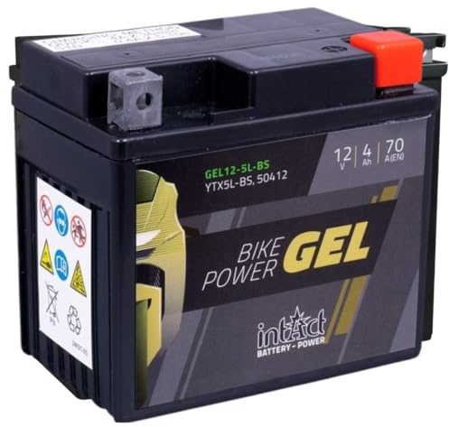 intAct - GEL MOTORRADBATTERIE Bike-Power GEL12-5L-BS. Ersetzt YTX5L-BS. Motorradbatterie 4Ah 70A. Maße: 113x70x105mm. Mit bis zu 30% mehr Startleistung.