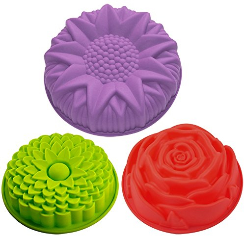 Senhai 3 pezzi stampi in silicone, per prodotti da forno a forma di fiore, girasole grande rotondo, crisantemo e rosa, teglie antiaderenti, ideali per feste di compleanno e fai