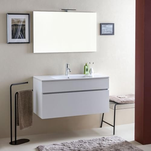 Kiamami Valentina Mobile Bagno Sospeso 100 Cm Bianco Effetto Legno | Con lavabo in ceramica, specchio 100x60 cm, chiusura soft close, base 100x46x50 cm, stile moderno