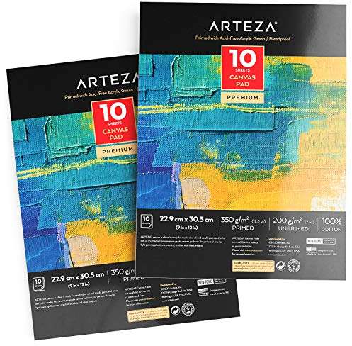 Arteza 22,9 x 30,5 cm Leinwandblock, 2er Pack, 20 Blatt Leinwand Papier, 100% Baumwolle, grundiert mit säurefreiem Gesso, klebegebundener Maltuch Block aus Canvas-Papier für Acryl- oder Ölfarben
