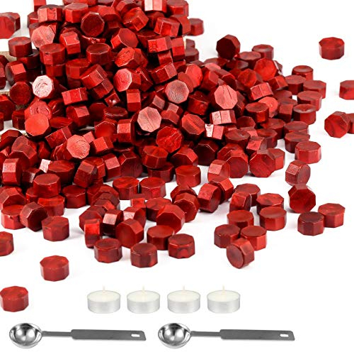 Mornajina Siegelwachsperlen-Set, metallisch, rot, 360 Stück, achteckiger Wachssiegelstempel, 2 Schmelzlöffel, 4 Kerzen