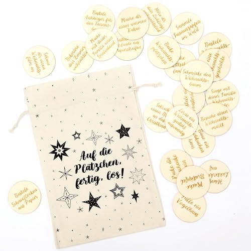 Papierdrachen Adventskalender 2025 - Holztaler - 24 Aufgaben für die Weihnachtszeit - nachhaltiger Adventskalender ohne Schokolade im Baumwollbeutel