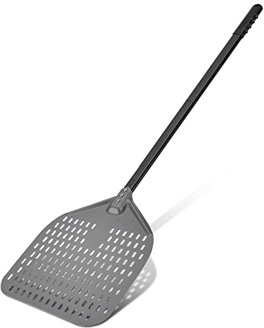 G.a HOMEFAVOR Perforierte Pizzaschaufel Aus Hart Eloxiertes Aluminium, 30cm/ 12 Zoll Pizzaschieber mit Langem Abnehmbarem Griff, 120cm Gesamtlänge Metall Brotschaufel Pizzaheber für Backen Pizza Brot
