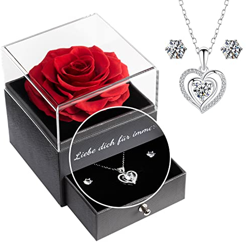 Yamonic Infinity Rosen Geschenke für Frauen Ewige Rose mit Herz Halskette 925 Sterling Silber Damen Kette schmuck Geschenke Für Mama Oma, Konservierte Echte Rose Geschenk Valentinstag Muttertag