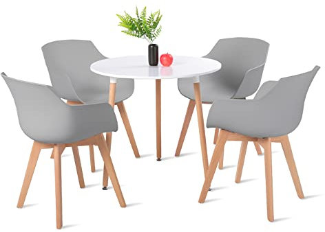 H.J WeDoo Runder Esstisch mit 4 skandinavischen Stühlen, 80 x 80 x 72 cm, geeignet für Esszimmer, Küche, Balkon (Grau)