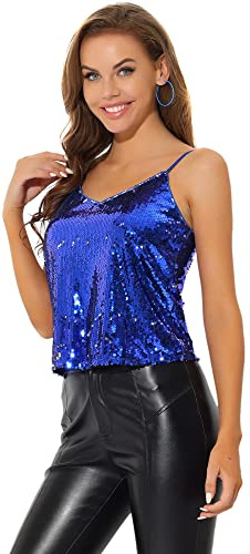 Allegra K Damen Festliches Oberteil Glitzer Top Spaghetti Party Club Camisole Pailletten Shirt Dunkelblau L