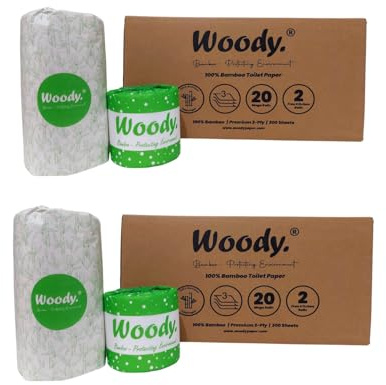 Woody ® – 100% Bamboo Toilet Roll, Twice as Long, Sustainable Toilet Roll, Box of 40 Toilet Rolls + 4 Free Kitchen Towels - Soft, Strong, Sustainable. (Each TP Roll: 3-Ply, 300 Sheets)