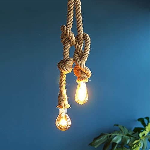Chao Zan Pendelleuchte Hanfseil DIY Kronleuchter Vintage Hängelampe Seil Hängeleuchte Deckenleuchte Industrie Retro E27 Fassungen für Wohnzimmer Café Restaurant, Glühbirne nicht (Doppelt, 100cm)