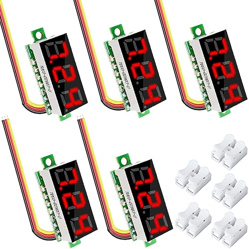 Youmile 5 pezzi Display tensione CC 0,28 pollici Display LED a 3 fili Pannello rosso Mini voltmetro digitale DC 0-100 V Voltmetro Tester con terminale a crimpare CH-2