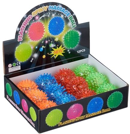 Relaxdays LED Igelball, 12er Set, blinkende Leuchtbälle in 4 Farben, mit Noppen, LED Flummis für Kinder, Ø 6,5 cm, bunt