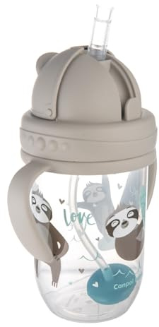Canpol babies Trinklernbecher mit Strohhalm und Gewicht EXOTIC ANIMALS 270 ml, 6m+, Trinken aus jedem Winkel, Auslaufsicherer weicher Silikonstrohhalm, Dicht schließender Deckel (Grau Faultier)