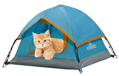 ASFANES Outdoor Waterproof Pet Camping Tent, Cave Bed for Indoor Cats and Small Dogs, Portable Cat House Dog House, 21.6x21.6x14.9'', Blue, S.(The Pole has Been Improved)