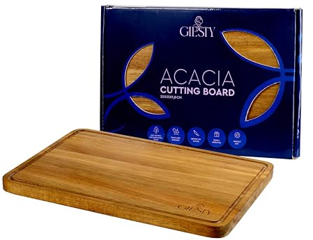 Giesty® Tabla de cortar de madera maciza acacia/redwood, tabla cocina reversible con ranura para jugos y asas, bloque de carnicero para carne, verduras, pan, queso (Acacia, 35cm x 25cm x 1,8cm)