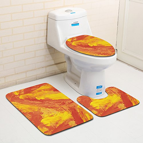 Bad Teppiche Set 3-Teiliges Rot Gelb Abstract WC Vorleger Mit Ausschnitt Badematte Saugfähig WC Deckelbezug Badvorleger rutschfest Waschbar Toilettensitzbezug Badgarnitur (50x80cm)