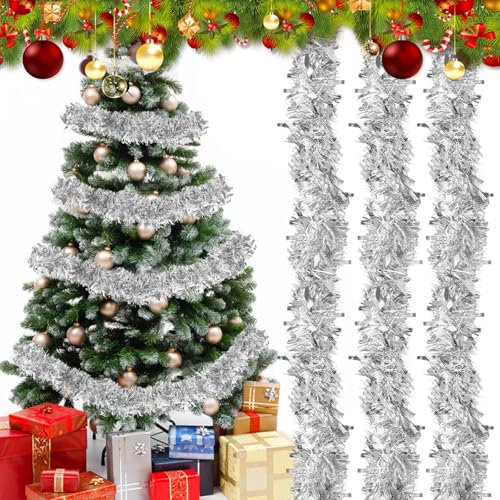 SULOLI 10M Guirlande de Noel Sapin ，Guirlandes Tinsel Noël，Guirlande Artificielle Noël pour Mariage Anniversaire Fête Escalier Cheminée Murs Fenêtres Sapin Decoration Noel (Argent)