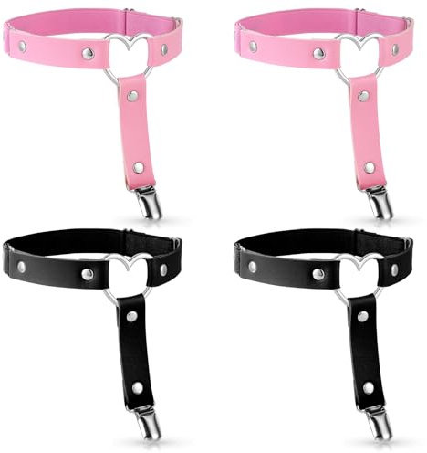 Cobee Strumpfband Leder, 4 Stück Verstellbar Elastische Strumpfbänder Leder Bein Strumpfhalter Schwarz Rosa Anti Rutsch Clip Strumpfhalter Gothic Punk Oberschenkelring-Strumpfgürtel Halloween Zubehör