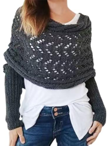 hoehew Scarf with Sleeves for Women, Knitted Cable Wrap, Multifunctional Knitted Crochet Shrug with Sleeves