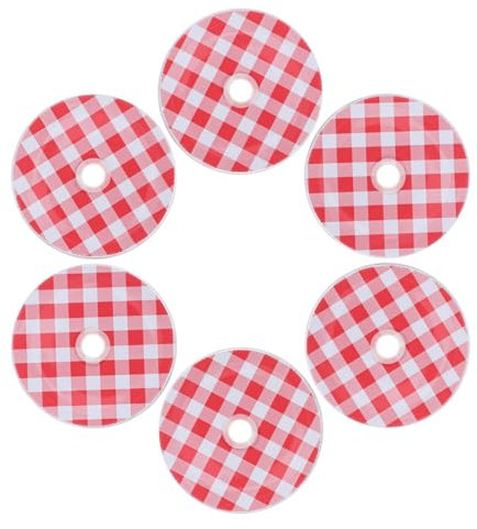 Healifty Mason Jar Lids with Straw Hole Wide Mouth Jam Jar Covers Red Checkered Iron Cap Dustproof Reusable Storage Caps 6pcs Set