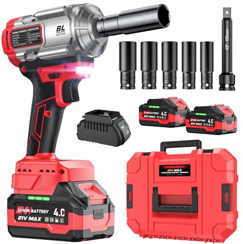 Akku Schlagschrauber 1200Nm, 21V 4.0Ah 2 Akkus & Schnellladegerät, 3 Gänge + LED-Licht, inkl. 5 Stecknüsse + Verlängerung + Koffer, für Auto, Baustelle & Heimwerken