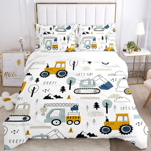 BDKCYO Cartoon-Bagger-Fahrzeug-Bettwäsche, Süßes Baufahrzeuge Bettbezug Set mit kopfkissenbezug für Jungen und Kinder (135x200cm, E)