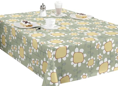 Wipe Clean PVC Tablecloth 140cmx200cm-Outdoor/Indoor Table Cloth Protector, Waterproof Summer Design, Easy Care Table Cover (Green Retro Daisy Tablecloth)