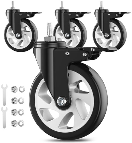 5 inch Heavy Duty Caster Wheels, Stem Casters Set of 4, 3/8-16 x 1(Stem Diameter 3/8, Stem Length 1),Locking Swivel Threaded Stem Casters Set of 4