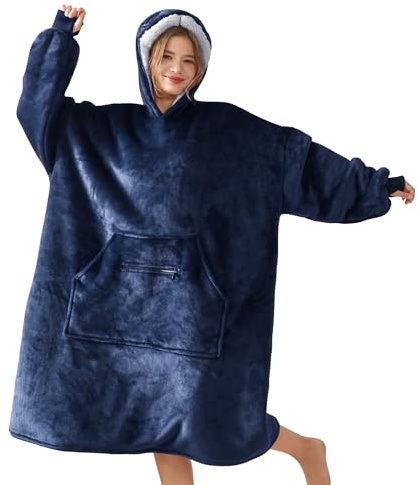 R.SHARE Hoodie Decke mit Ärmeln Geschenke für Frauen Kuscheldecke mit Ärmeln Kuschelpullover Damen Decken Hoodie Ärmeldecke Deckenpullover Weich Warm Sofadecke für Erwachsene,Blau