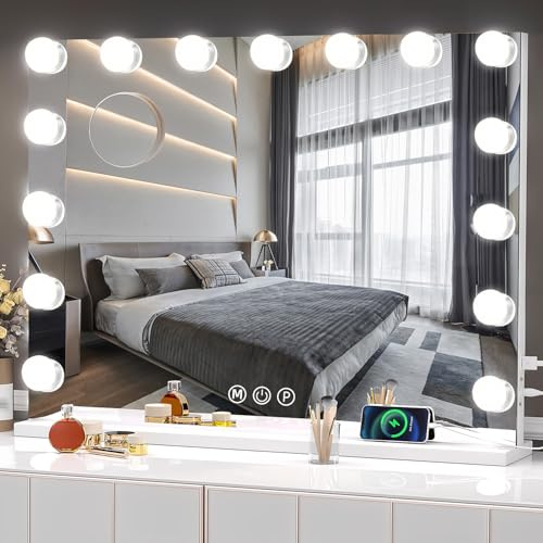 Genérico Espejo de Maquillaje con Luz LED, 3 Temperatura de Color, 15 Bombillas, Ajustable, Control Táctil, Enchufar, 58x46 cm, Montaje en Mesa y Pared, Carga USB
