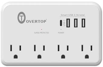 Overtop Wall Outlet Extender, Electrical Surge Protector, 4 AC Outlet Splitter with 4 USB Ports(1 USB C), Small Multi Plug Wall Charger for Home, Office, Classroom, Travel,Dorm Essentials