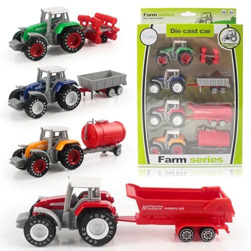 Aurihxus 4 Pcs Mini Trattori con Rimorchio, Set di Giocattoli da Trattori, Trattore Giocattolo con Rimorchio Rimovibile per Bambini