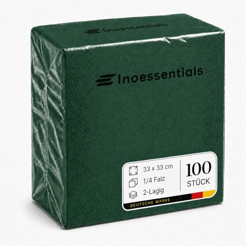Inoverse Servietten Grün 33 x 33 cm 100 Stück, Papierservietten Großpackung | 2-lagig 1/4-Falz einfarbig, Partyservietten, für Gartenparty und Vereinsfest, dekorative Tischservietten für Gastronomie
