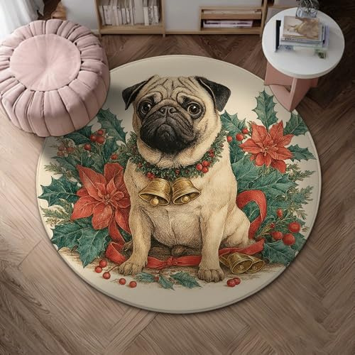 Mops-Teppich, Weihnachten, Vintage, Stechpalme, Weihnachtsstern, Rot, niedriger Flor, Schaumstoff-Fußmatte, runder Überwurf, schmutzabweisend, Badezimmer, Eingangsbereich, Küche, Nachttisch