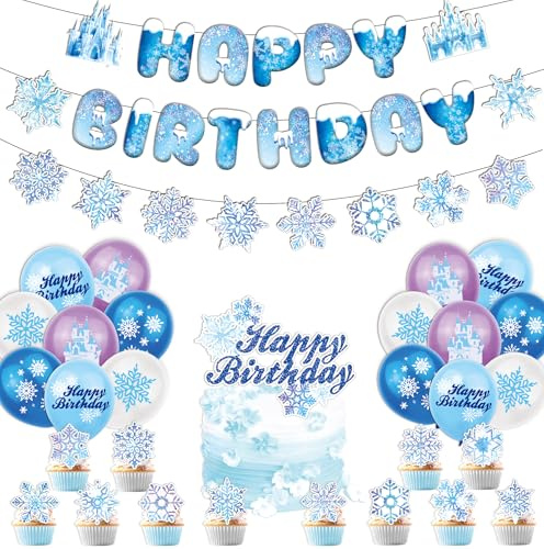 32 piezas Decoraciones para fiestas con temática de copos de nieve congelados, incluyendo adornos para tartas con castillos de copos de nieve y pancartas de cumpleaños