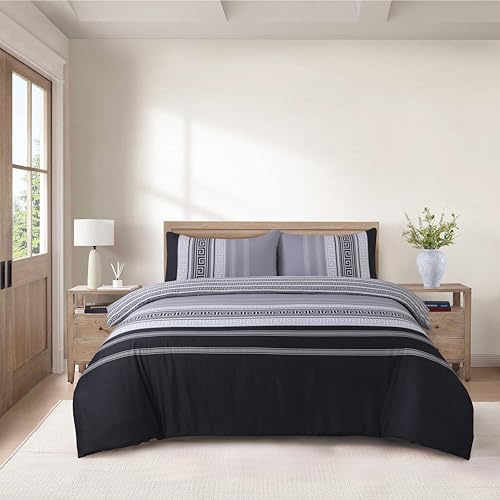 CHARKHAH 4 Piece Complete Bedding Set – Microfiber Reversible Duvet Cover, Deep Fitted Sheet & 2 Pillowcases | Soft, Breathable & Elegant - MF-QA-COM-SET-SINGLE-GREEK-BLACK-GREY