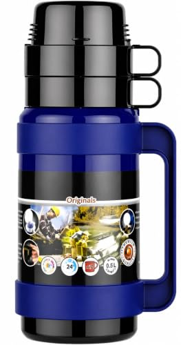 Glass Vacuum Flask Hot & Cold Insulated Thermal Jug | Double-Walled Leakproof Design | Keeps Drinks Hot or Cold 24H | Eco-Friendly Reusable Thermos for Tea, Coffee, Water (Blue, 500ml)