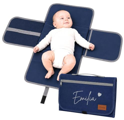 AWASG Wickelunterlage Baby, Personalisiert mit Name Herz, Wickelauflage mit Name Regenbogen für Feuchttücher Windeln, Wickelmatte Unterwegs Reise (Dunkelblau)
