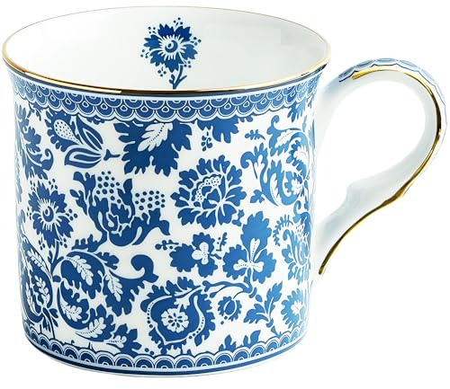 tiliuoe Tazza in porcellana fine Bone China con bordo dorato da 320 ml, tazza da caffè e tè vintage floreale, blu reale, elegante tè pomeridiano