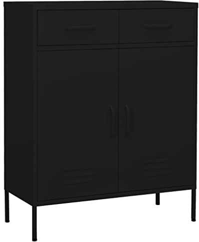 XHNIFBN Lagerschrank Schwarz aus Stahl 80x35x101,5 cm mit 2 Türen und 2 Schubladen Kugellagerung Ablage Metall Vorratsschrank für Wohnzimmer Büro Keller