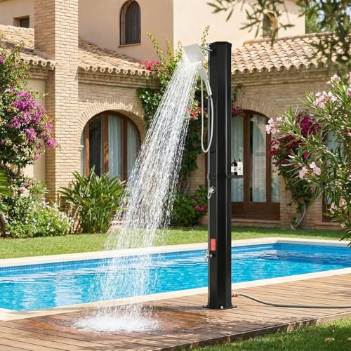 Soldusch, solträdgårdsdusch, 40 liter inkl. handdusch, 360° duschhuvud, fotdusch, trädgårdsslanganslutning och skyddskåpa, varmt vatten, upp till 60 °C, utan strömanslutning, för camping eller vid