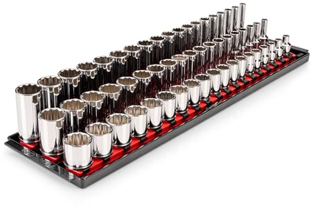 TEKTON 3/8 Inch Drive Shallow, Semi-Deep, and Deep 12-Point Socket Set with Rails and Trays, 57-Piece (6-24 mm) | SHD91126
