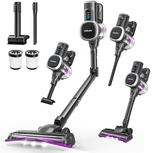 Lubluelu Kabelloser Staubsauger 48000Pa 450W bis zu 50 Min Laufzeit | Anti-Tangle Bürste mit LED, freistehend, 2 HEPA-Filter für Hartboden, Teppich & Tierhaare, großer Staubbehälter