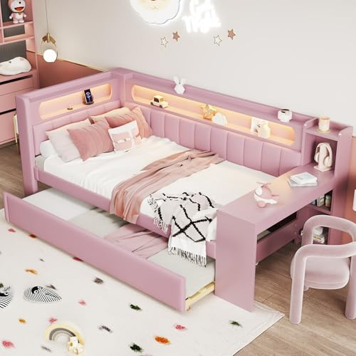 Httcg Kinderbett Tagesbett 90x200 cm mit Ausziehbett und LED-Licht, Schlafsofa Einzelbett mit Schreibtisch und USB, Polsterbett Holzbett Bettgestell mit Lattenrost und Kopfteil, Rosa, Ohne Matratze