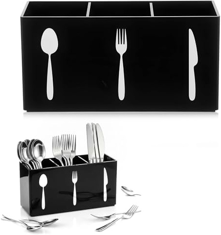 Yolev Silverware Organizer Countertop Acrylic Cutlery Caddy 3 Section Black | Knife Fork and Spoon Organizer, Cutlery Holder, for Party Countertop Kitchen Cabinet, Indoor Flatware