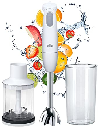 Braun MultiQuick 1 MQ 120 Pesto Stabmixer - Pürierstab mit abnehmbarem Edelstahl Mixfuß mit PowerBell Technologie, inkl. 600 ml Mix- und Messbecher und Zerkleinerer, 450 Watt, Weiß