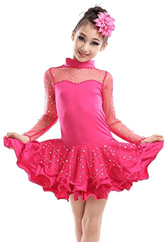 BOZEVON Latinamerikansk dansklänning barn tutu för flickor paljetter latin dansdräkt, Rosa, EU 140 = Tag 150 / Altura: 145-155 cm